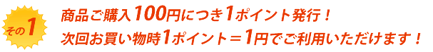 商品ご購入100円につき1ポイント発行！次回お買い物時1ポイント＝1円でご利用いただけます！