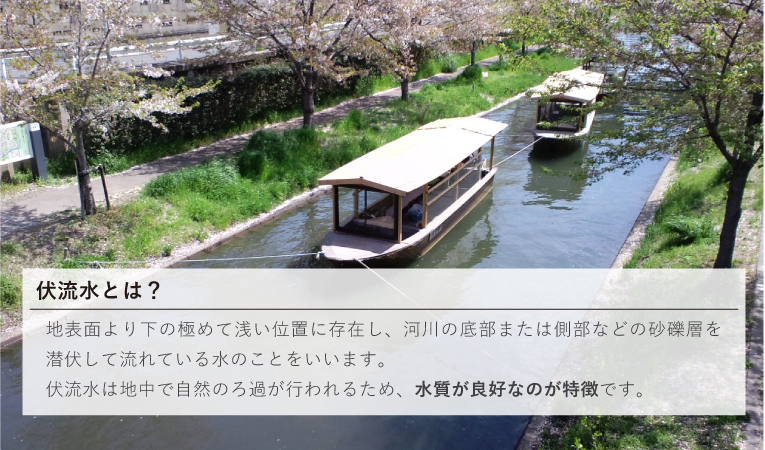 伏流水とは？
地表面より下の極めて浅い位置に存在し、河川の底部または側部などの砂礫層を潜伏して流れている水のことをいいます。
伏流水は地中で自然のろ過が行われるため、水質が良好なのが特徴です。